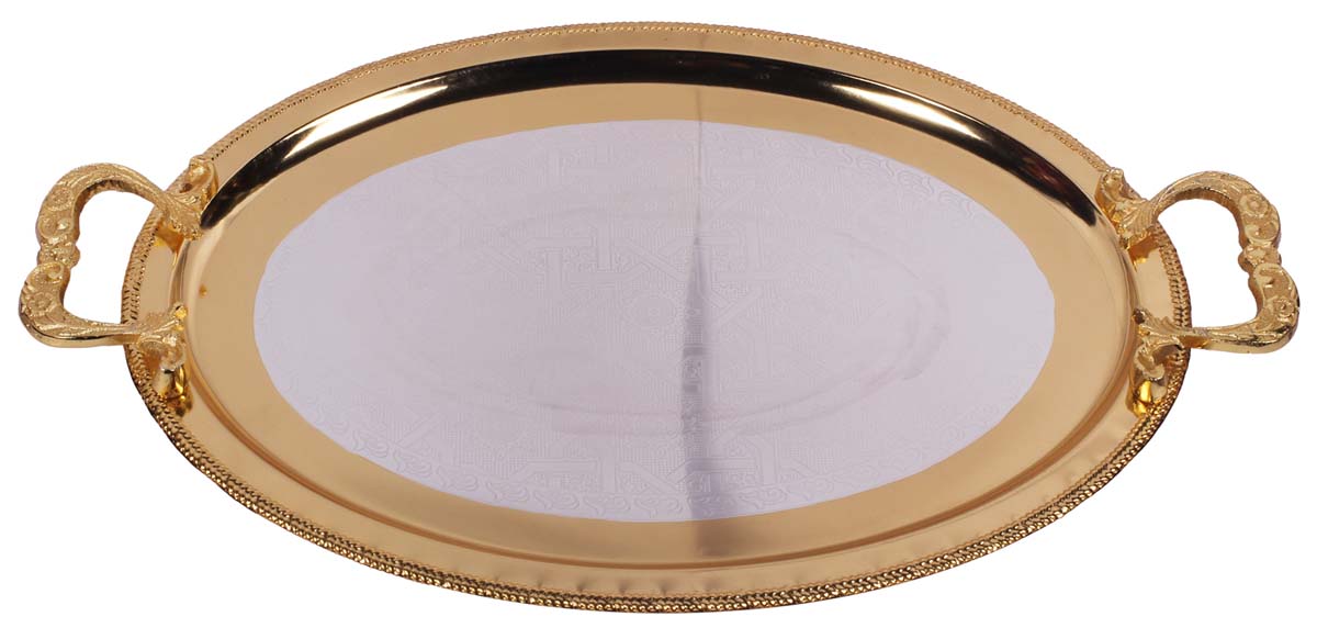 Buy in Bulk Wholesale Decorative Tray - 20” Oval Metal Golden Silver Color - Hand-Etched Serving Tray with Decorative Aluminium Handles - Home Decor/Kitchen Essentials